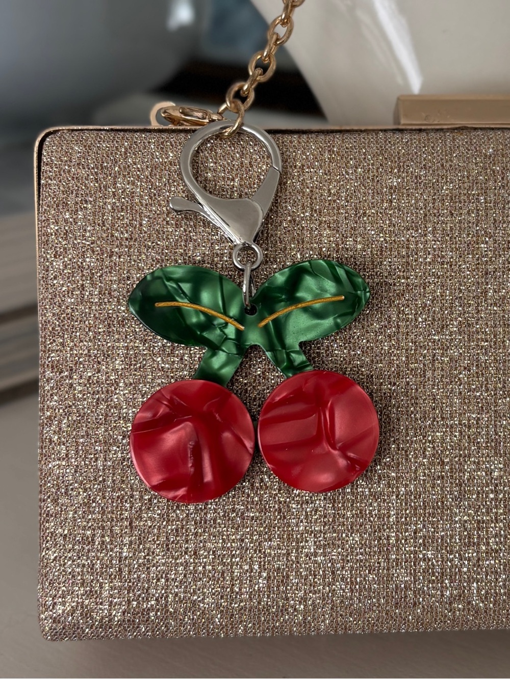 Cherry Bag Charm Pearlescent Red and Green Lobster Claw Keychain - Picture 4 of 8